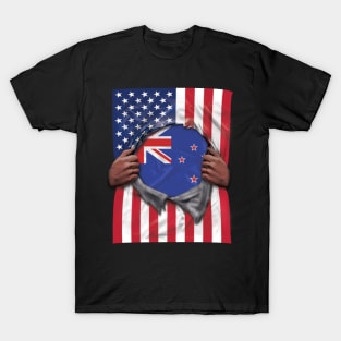 New Zealand Flag American Flag Ripped - Gift for New Zealander From New Zealand T-Shirt